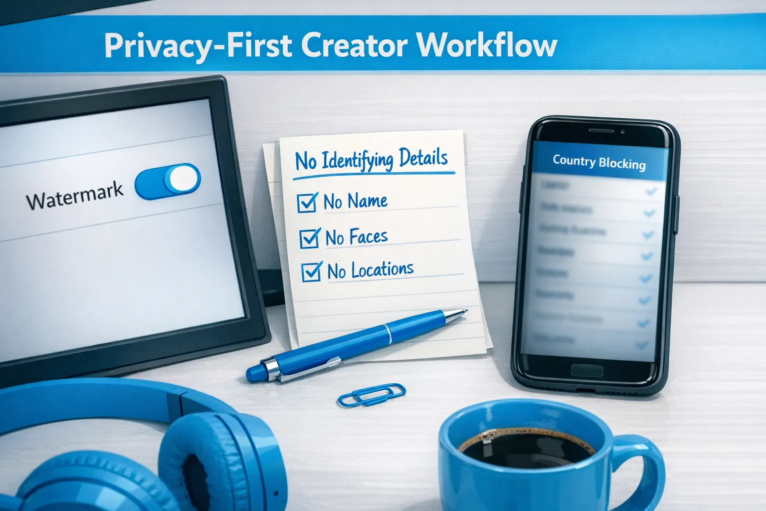 A simple “privacy-first creator workflow” scene showing a watermark toggle, a checklist titled “no identifying details,” and a phone with a blurred settings screen labeled “country blocking.”