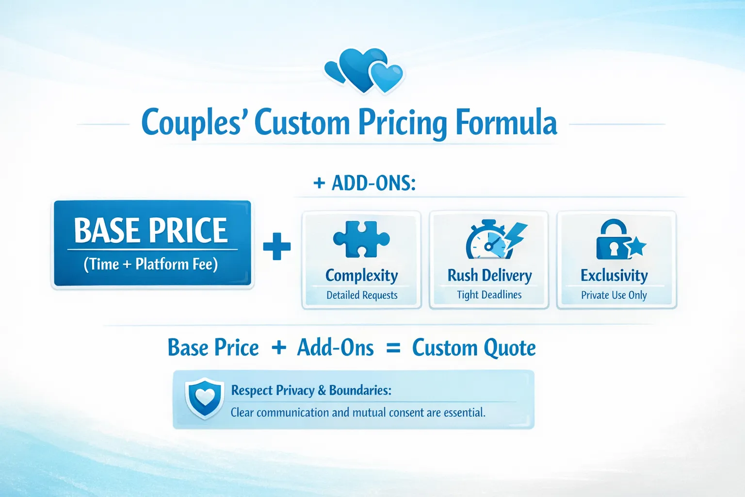 A simple infographic showing a couples custom pricing formula: Base price (time + platform fee) plus add-ons for complexity, rush delivery, and exclusivity, with a small note about privacy and boundaries.