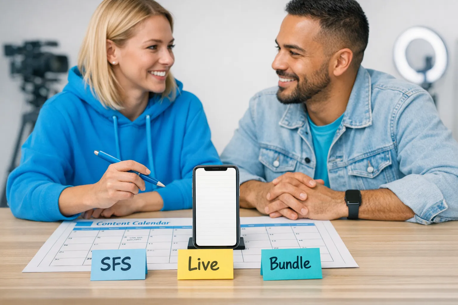 Two adult content creators in a neutral studio setting planning a collaboration: they are sitting at a table with a paper content calendar, a phone showing a blank notes screen (screen facing the viewer, nothing displayed behind it), and labeled sticky notes for “SFS,” “Live,” and “Bundle.”
