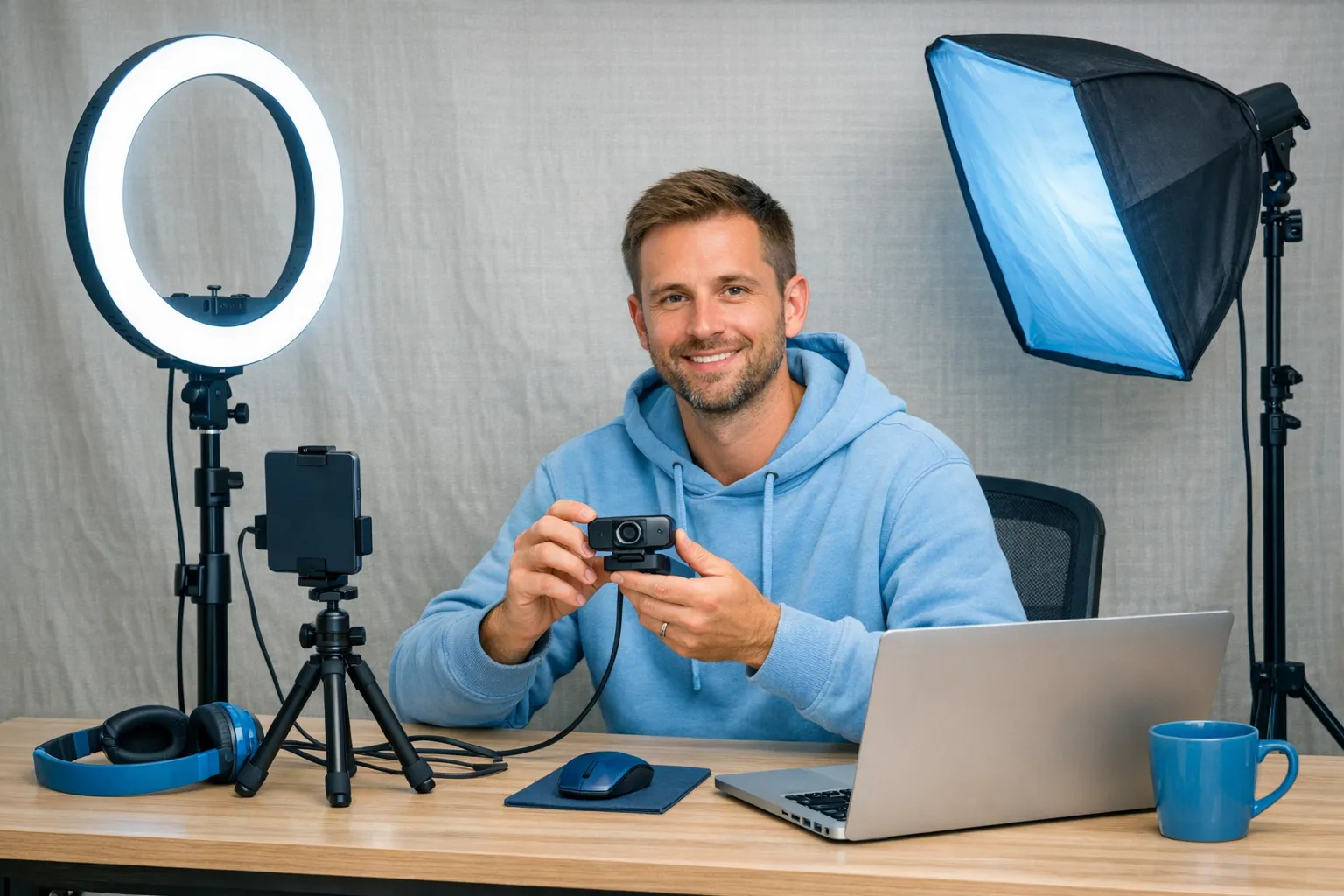A webcam creator in a tidy home studio: ring light, softbox, phone on tripod, laptop on a desk, and a neutral backdrop, showing a realistic, non-glamour behind-the-scenes work setup.