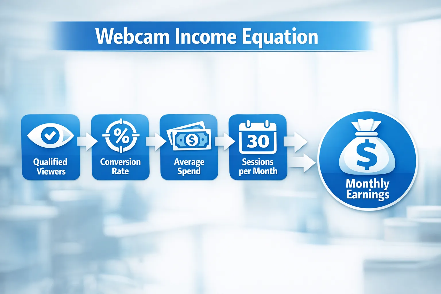 A simple 4-part diagram showing the webcam income equation: Qualified Viewers, Conversion Rate, Average Spend, Sessions per Month, all pointing to Monthly Earnings.