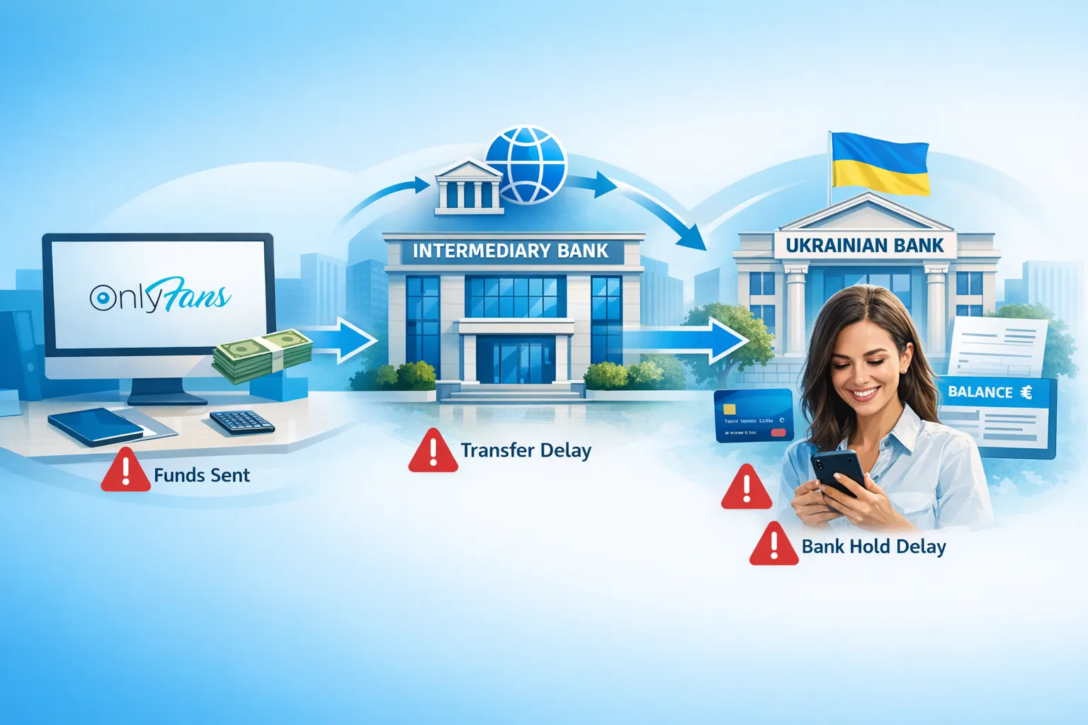 Illustration of a two-stage payout flow showing OnlyFans sending funds, an intermediary bank step, then a Ukrainian bank receiving and crediting the creator account, with common delay points highlighted.