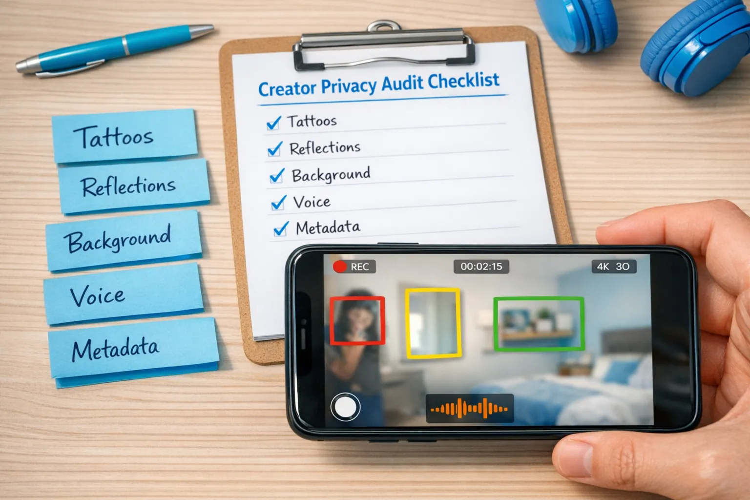 A simple creator privacy audit checklist laid out on a desk: a phone camera viewfinder, sticky notes reading “Tattoos,” “Reflections,” “Background,” “Voice,” and “Metadata,” plus a blurred example of a bedroom background with highlighted risk areas.
