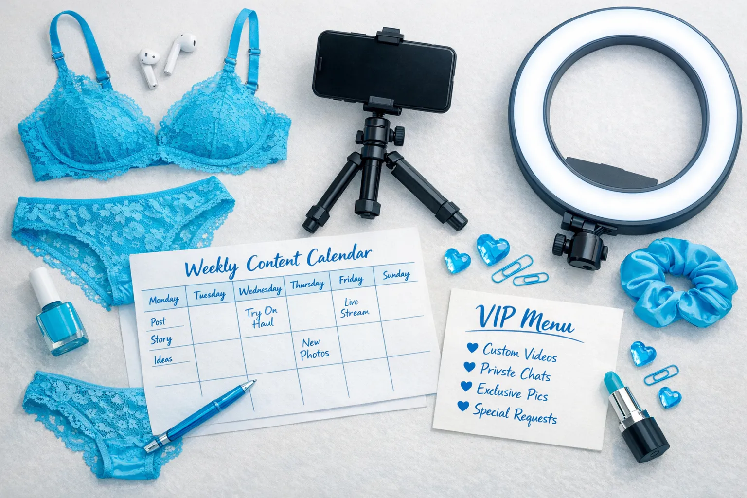 A flat lay of creator content planning items: lingerie pieces, phone tripod, ring light, a simple weekly content calendar on paper, and a handwritten “VIP menu” card.