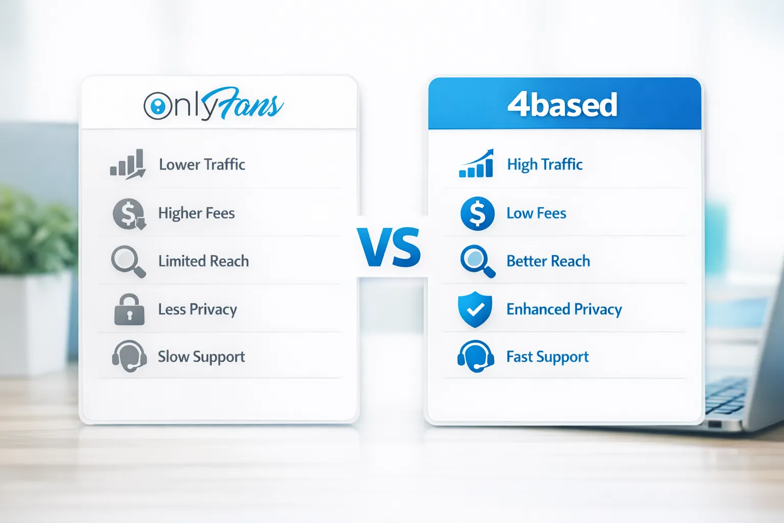 A side-by-side comparison concept showing two platform cards labeled “OnlyFans” and “4based,” with icons for traffic, payouts, discovery, privacy, and support. No explicit imagery, just a clean creator-business comparison layout.