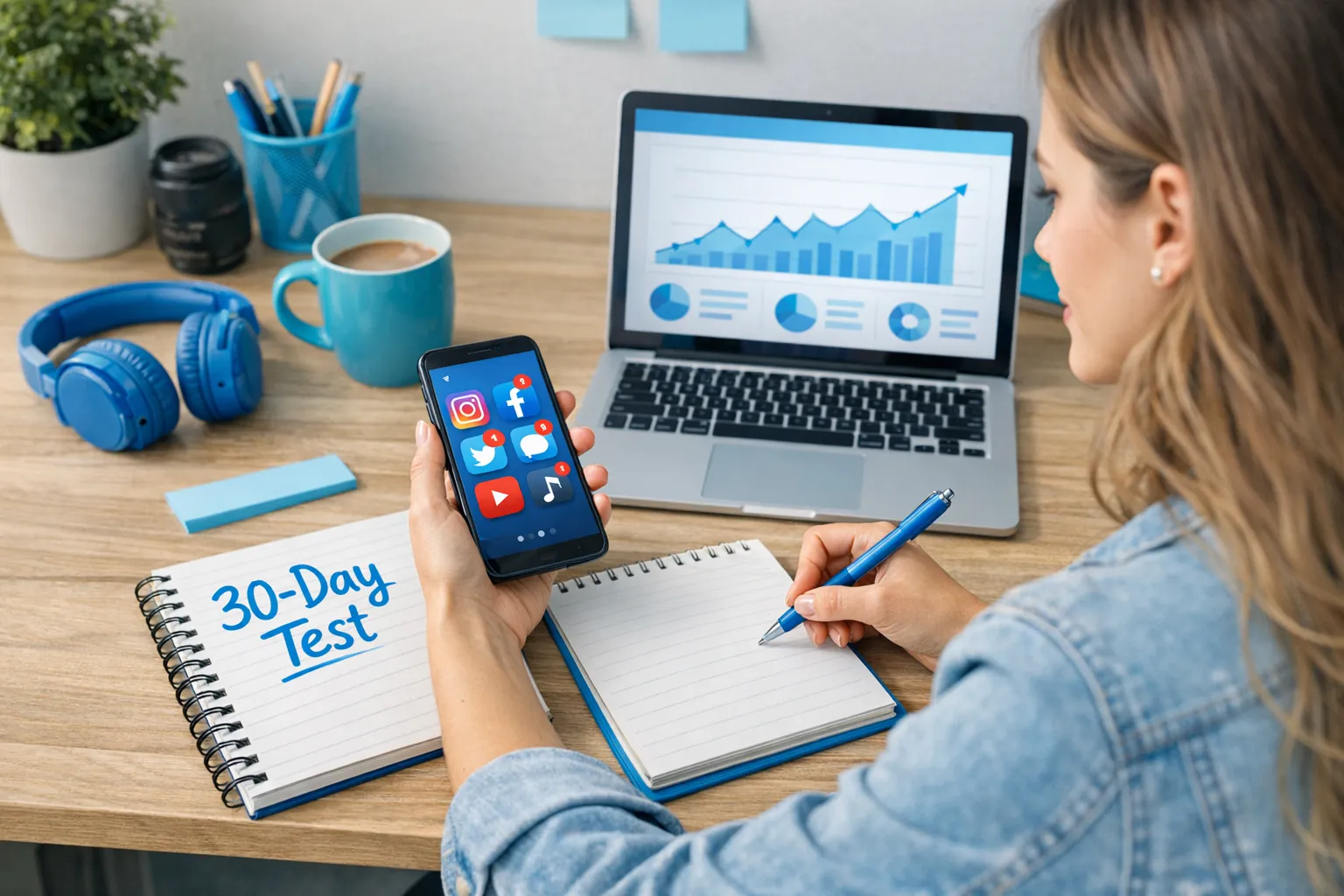 A creator-business workflow scene: a female creator at a desk with a notebook labeled “30-day test,” a phone showing social media icons, and a laptop showing a simple analytics chart. Screens should face the viewer but display no readable private data.