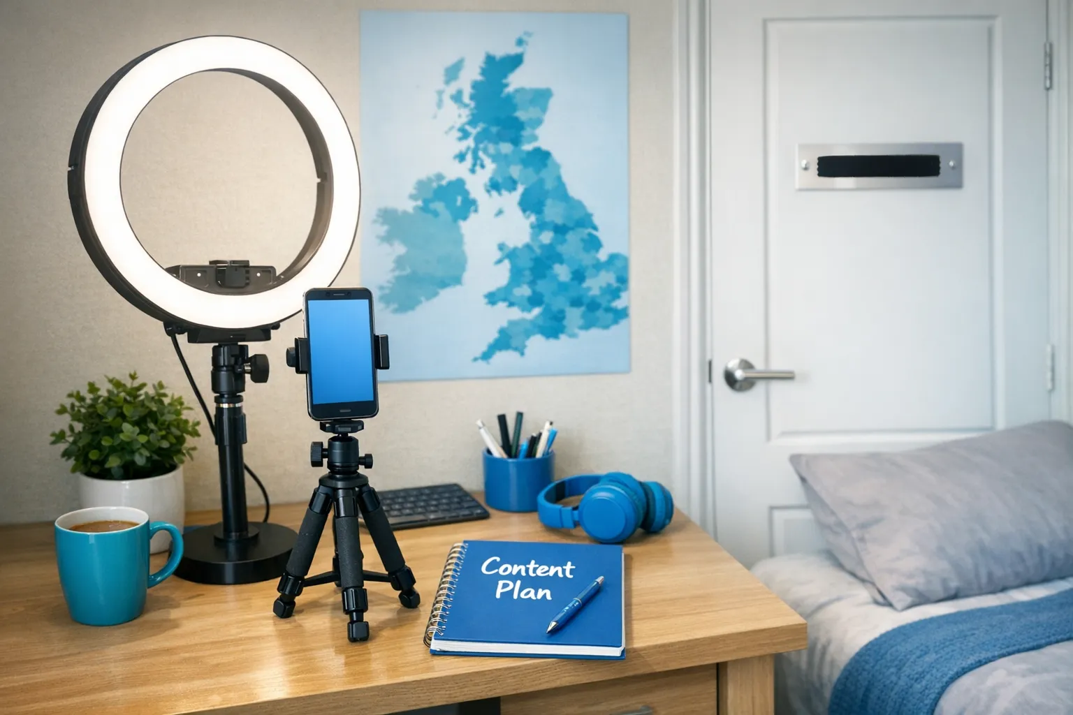 A UK-based content creator workspace: a tidy bedroom studio corner with a ring light, a phone on a tripod, a notebook labeled “Content Plan,” a blurred UK map on a wall, and privacy items like a sticker covering a nameplate.