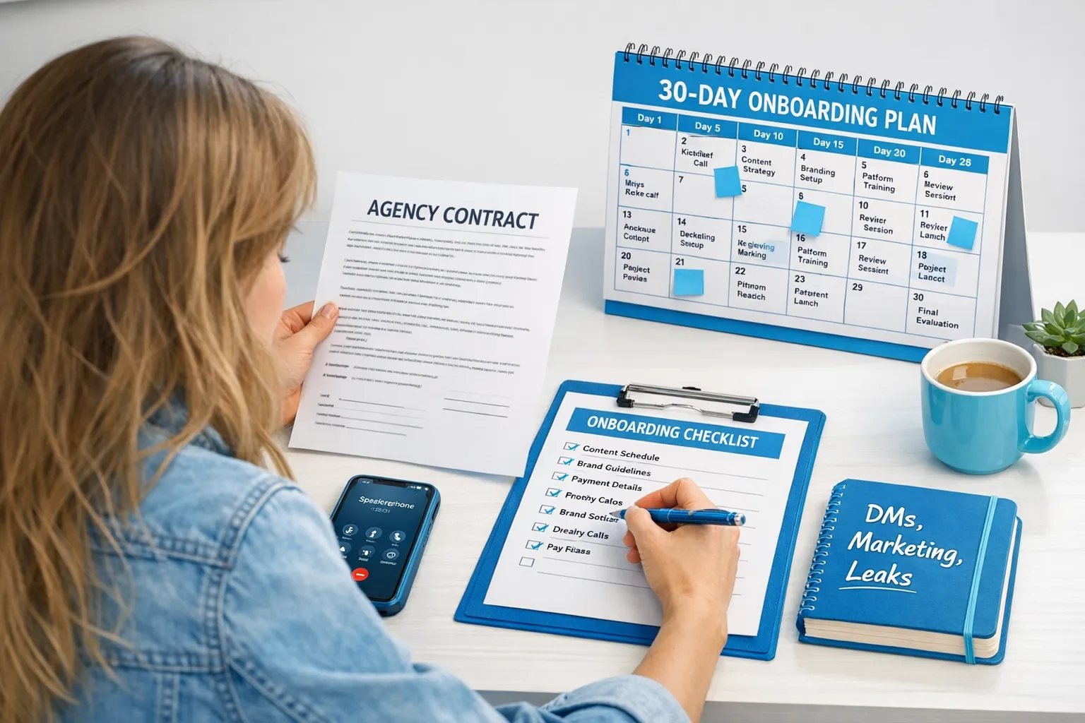 A creator reviewing an agency contract and checklist at a desk, with a phone on speaker, a notebook labeled “DMs, Marketing, Leaks,” and a calendar showing a 30-day onboarding plan.