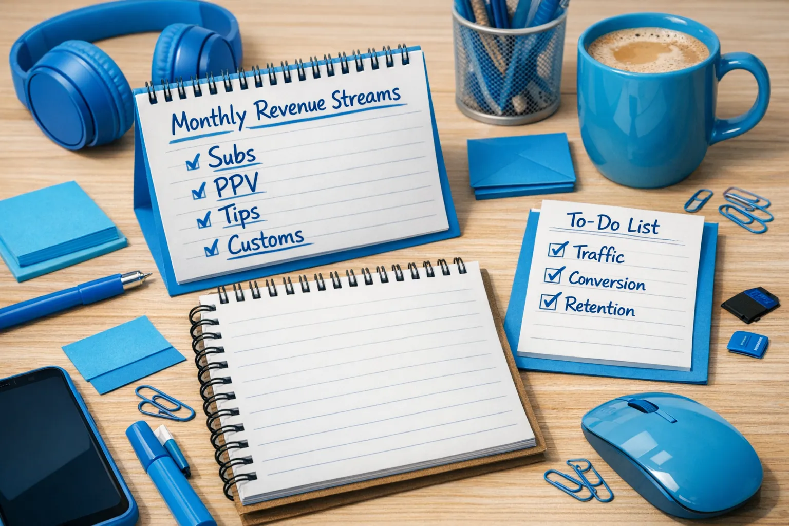 A creator’s desk setup with a notebook showing monthly revenue streams labeled “Subs, PPV, Tips, Customs,” a calendar for posting days, and a simple checklist titled “Traffic, Conversion, Retention.” No explicit imagery, just business planning.