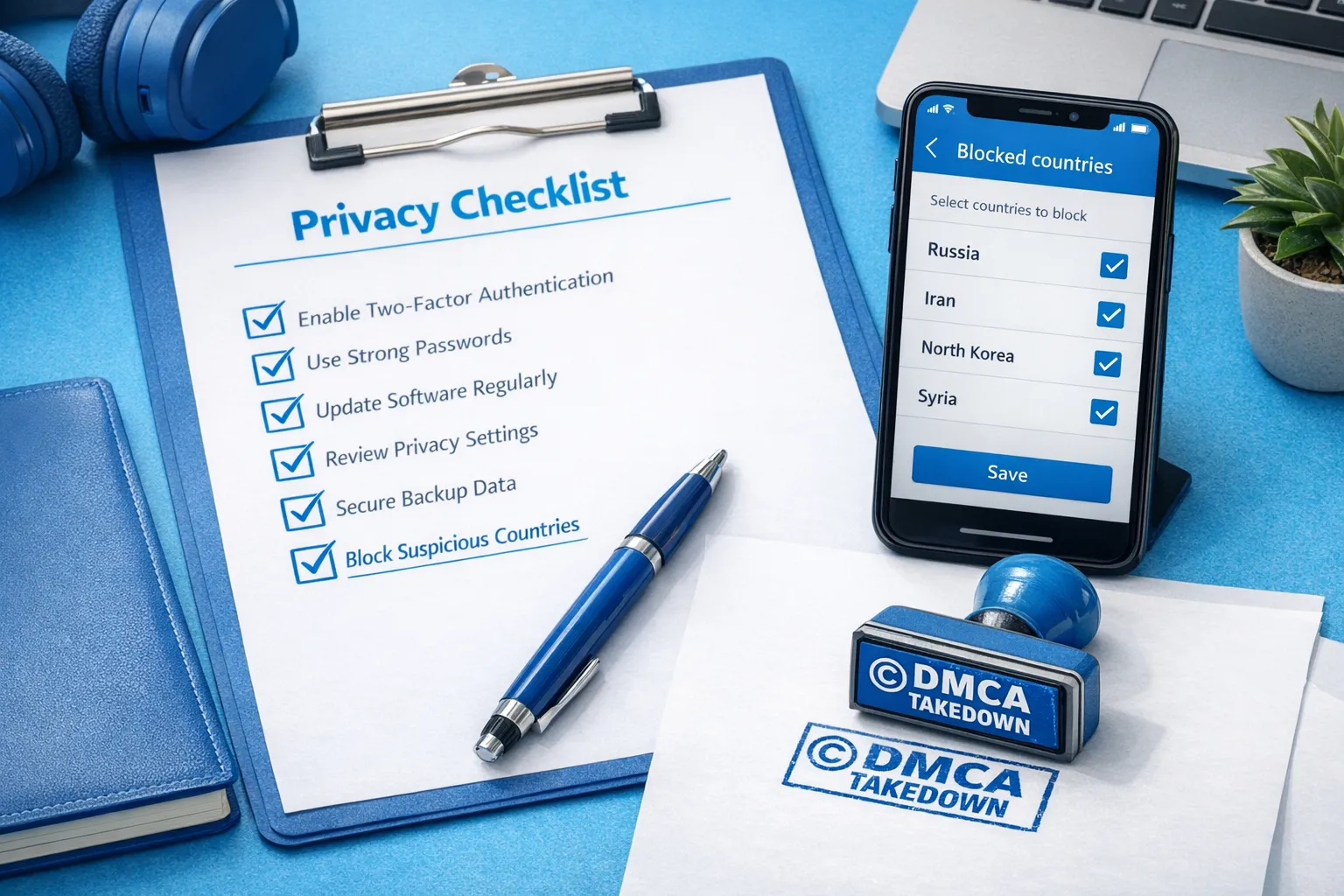 A privacy checklist on paper next to a phone showing a generic “Blocked countries” settings screen and a stamp icon labeled “DMCA takedown,” presented as a safety workflow. No explicit content.