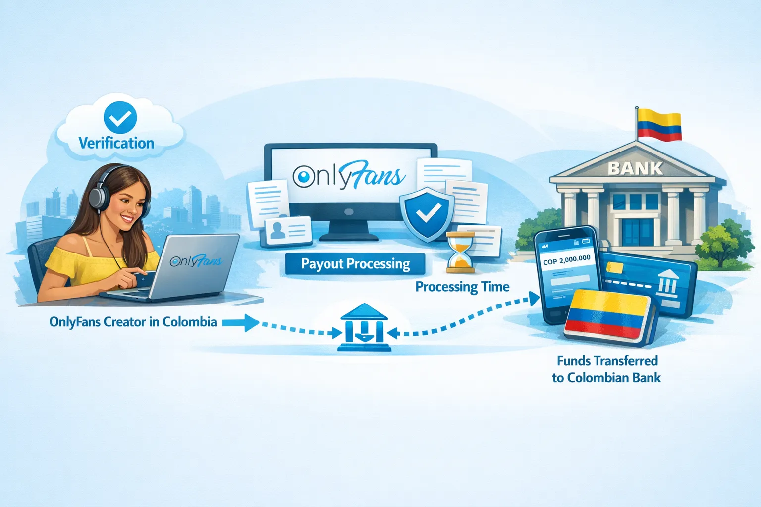 A simple illustrated flow showing an OnlyFans creator in Colombia requesting a payout, the payout being processed by the platform, then moving through a bank transfer route to a Colombian bank account, with small callouts for “verification,” “bank details,” and “processing time.”