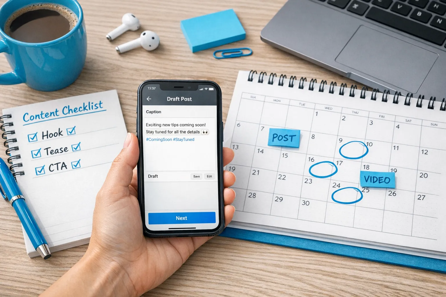 A creator content planning scene with a phone showing a draft post caption, a simple checklist on paper (Hook, Tease, CTA), and a calendar with content days marked. No explicit imagery, just a professional creator workflow vibe.