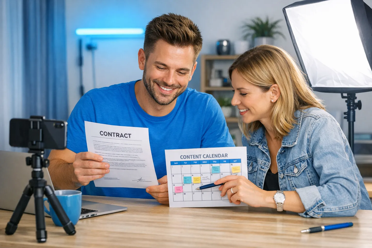 A male OnlyFans creator in a tidy home studio reviewing a simple contract and content calendar with a manager at a table, with a phone tripod and softbox light nearby, suggesting professional but private creator work.