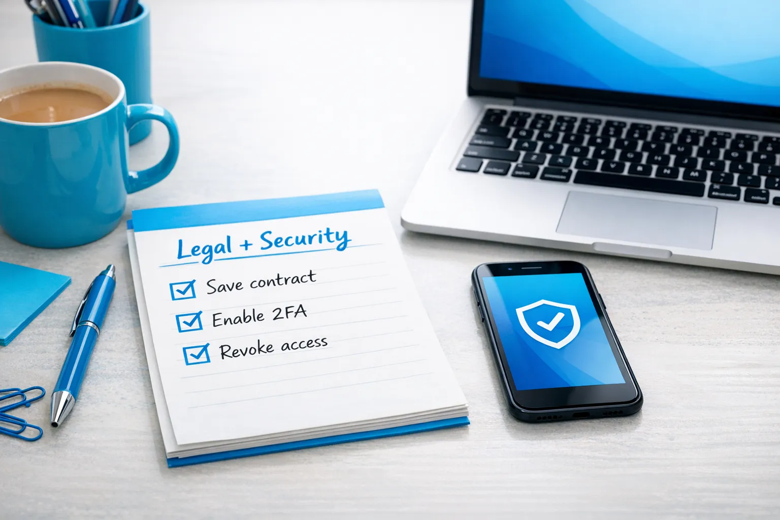 A simple desk scene showing a handwritten checklist titled “Legal + Security,” with items like “save contract,” “enable 2FA,” and “revoke access,” alongside a phone and a laptop facing the viewer.