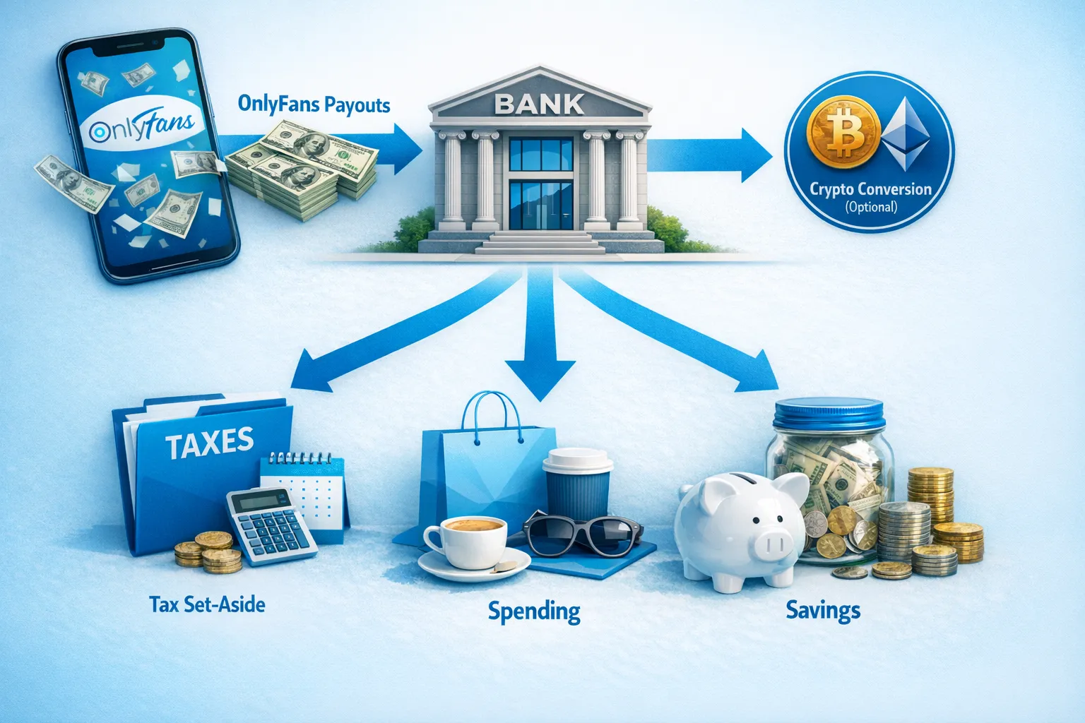 A creator-friendly “money flow” illustration showing OnlyFans payouts going to a bank account, then splitting into three buckets: tax set-aside, spending, and savings with an optional crypto conversion step.