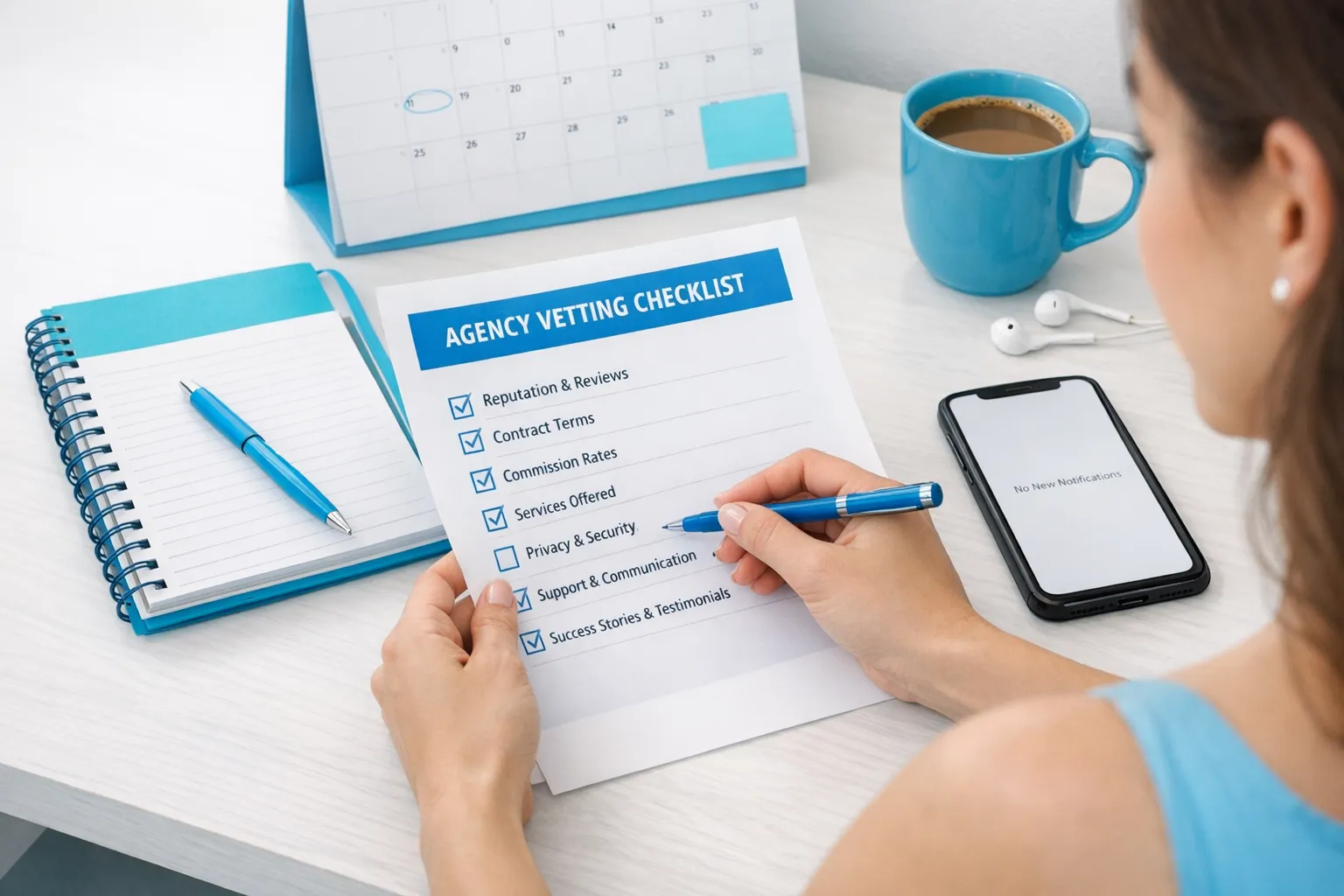 An OnlyFans-style creator business planning scene: a creator at a desk reviewing a printed agency vetting checklist, with a notebook, calendar, and a phone showing a blank notifications screen face-down to emphasize privacy and focus.