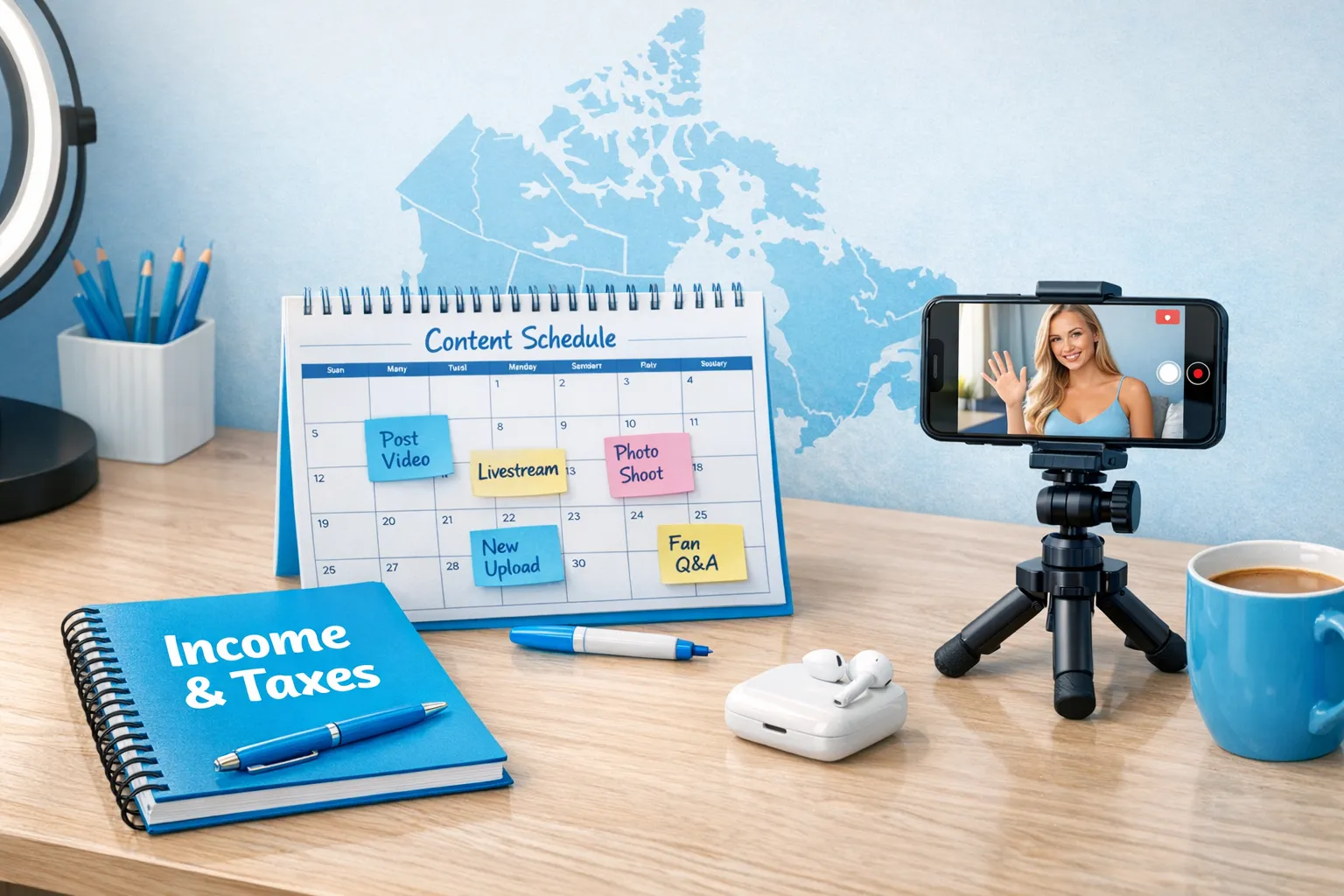 A Canadian OnlyFans creator workspace with a notebook labeled “Income & Taxes”, a calendar with content dates, a phone on a tripod for filming, and a subtle Canada map in the background.
