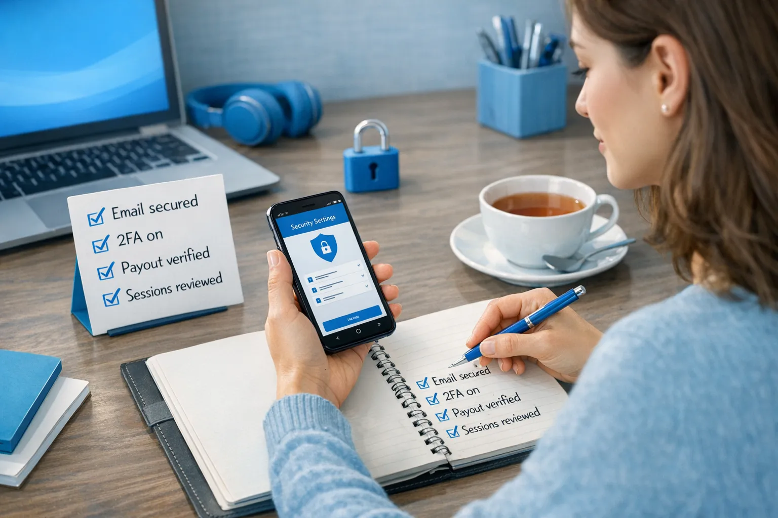 A creator sits at a desk with a phone and notebook, checking account security settings while a simple checklist reads “Email secured, 2FA on, payout verified, sessions reviewed.” A small lock icon and a cup of tea create a calm, focused mood.