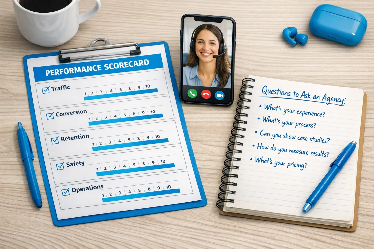 A clean checklist-style scorecard on a desk with labeled sections for Traffic, Conversion, Retention, Safety, and Operations, next to a phone showing a video call and a notebook with questions to ask an agency.