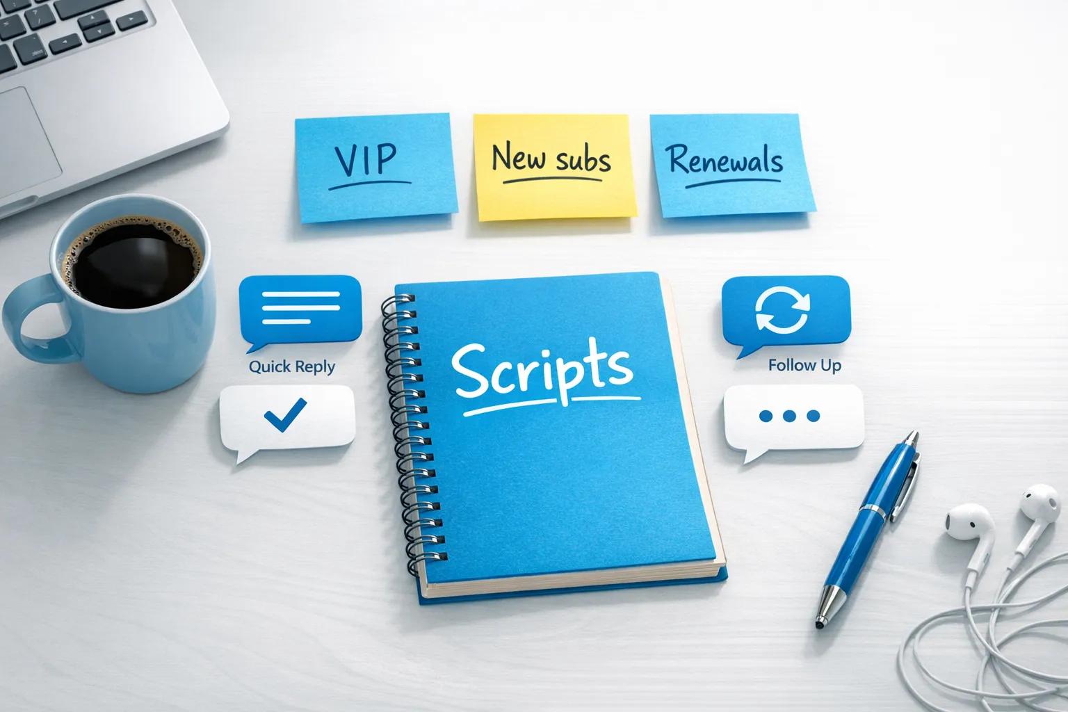 A simple illustration of a remote chatter workflow: a desk with a notebook labeled “Scripts,” sticky notes labeled “VIP,” “New subs,” and “Renewals,” and chat bubble icons showing quick replies and follow-ups.