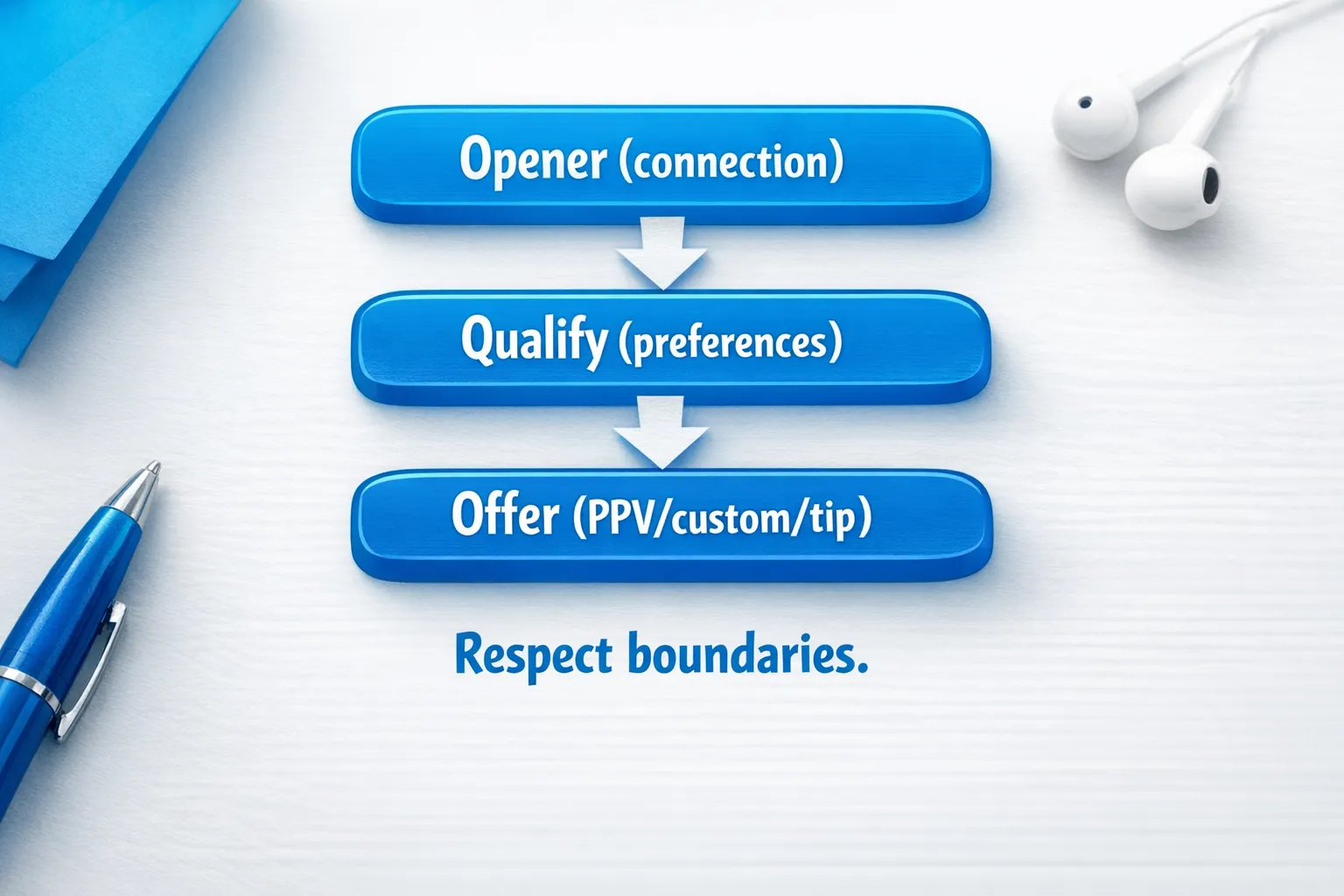 A simple three-step DM funnel diagram with labeled stages: Opener (connection), Qualify (preferences), Offer (PPV/custom/tip), with arrows showing progression and a note “respect boundaries.”