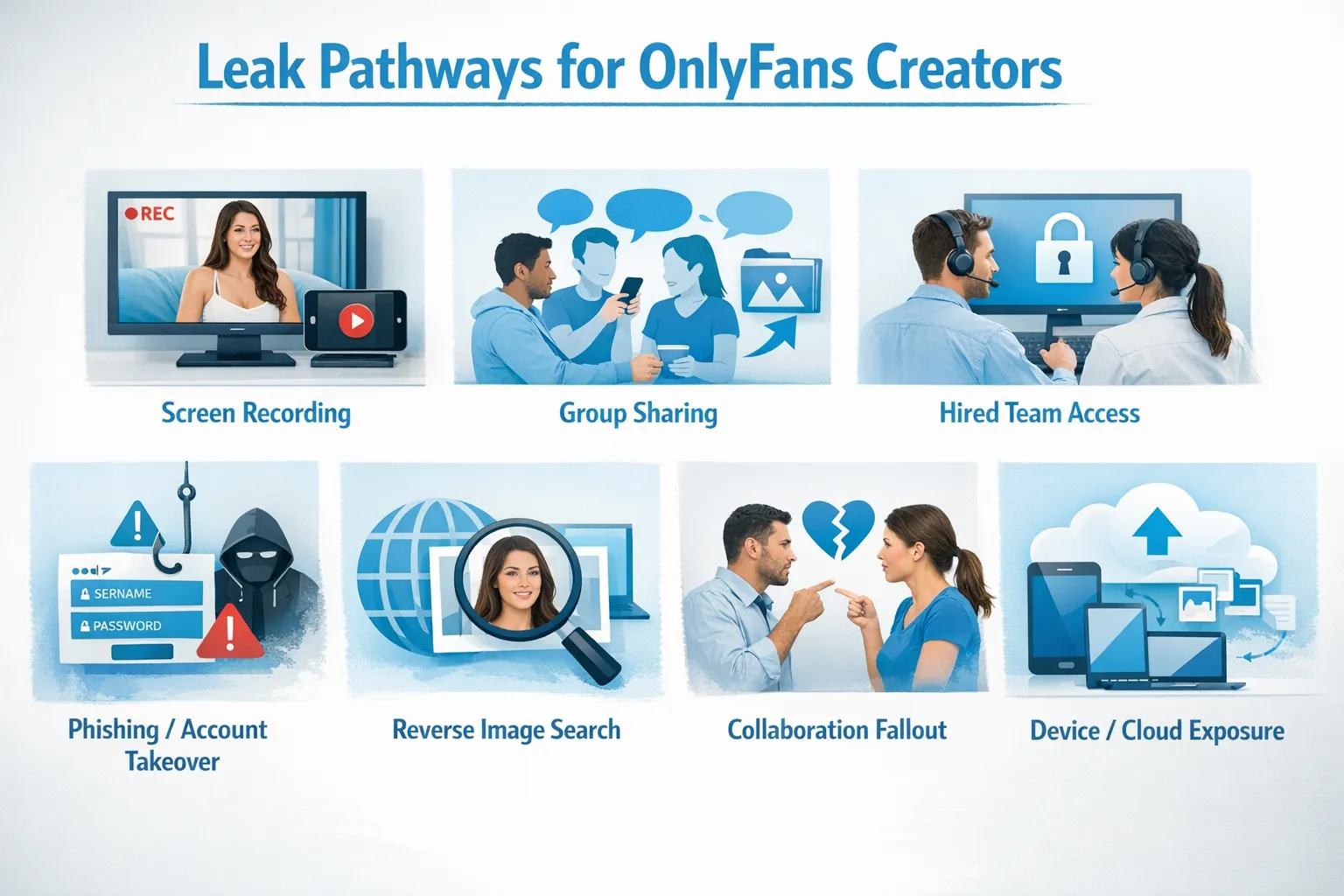 A simple diagram showing seven leak pathways for OnlyFans creators: screen recording, group sharing, hired team access, phishing/account takeover, reverse image search, collaboration fallout, and device/cloud exposure.