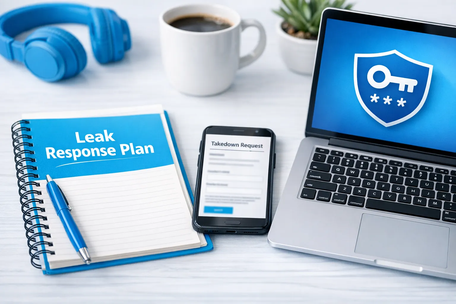 A creator-friendly checklist scene: a notebook labeled “Leak Response Plan,” a phone showing a blurred takedown request form (screen facing the right direction), and a laptop with a password manager icon.