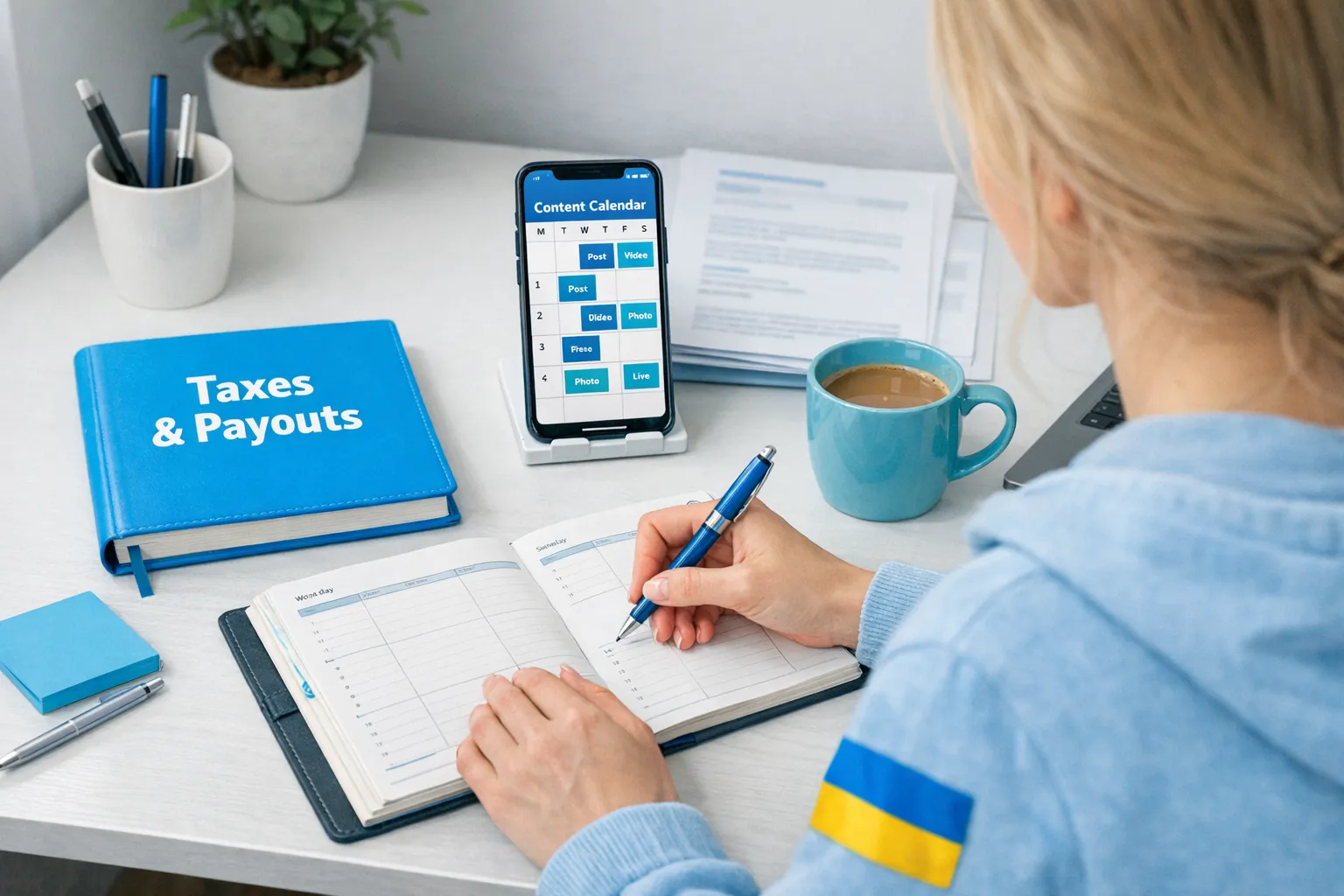 A Ukrainian OnlyFans creator working at a tidy desk with a planner, a notebook labeled “Taxes & Payouts,” a phone showing a content calendar (screen facing the viewer), and documents blurred for privacy. The scene emphasizes organization, anonymity, and a calm work setup.