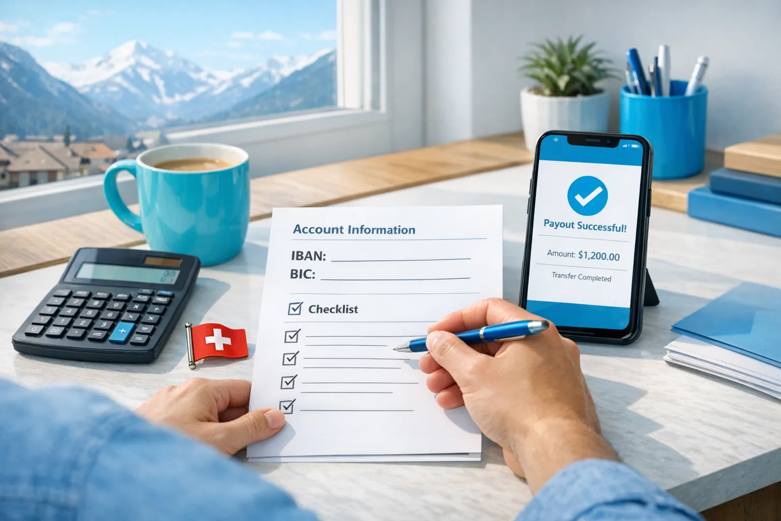 A creator at a tidy desk in a Swiss apartment setting, reviewing a checklist with IBAN and BIC fields on paper next to a phone showing a generic payout confirmation screen (no brand names on screen), with a Swiss flag pin and a calculator nearby.