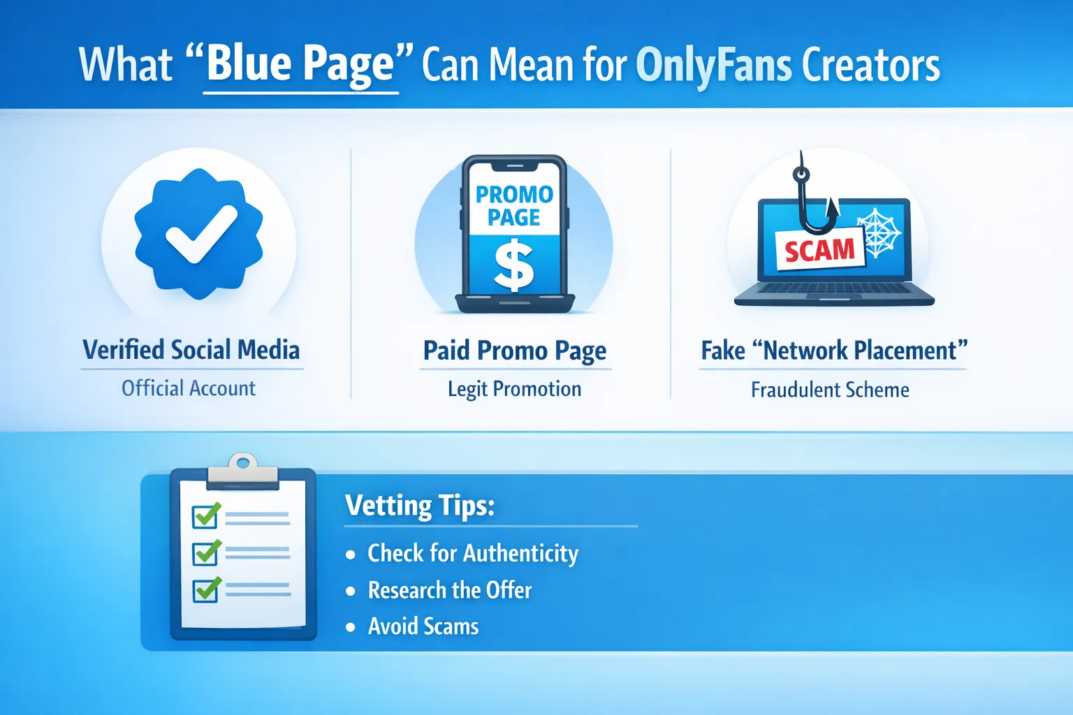 A simple infographic showing three meanings of “Blue Page” for OnlyFans creators: verified social media (blue check), paid promo page, and scam “network placement,” with a checklist icon for vetting.