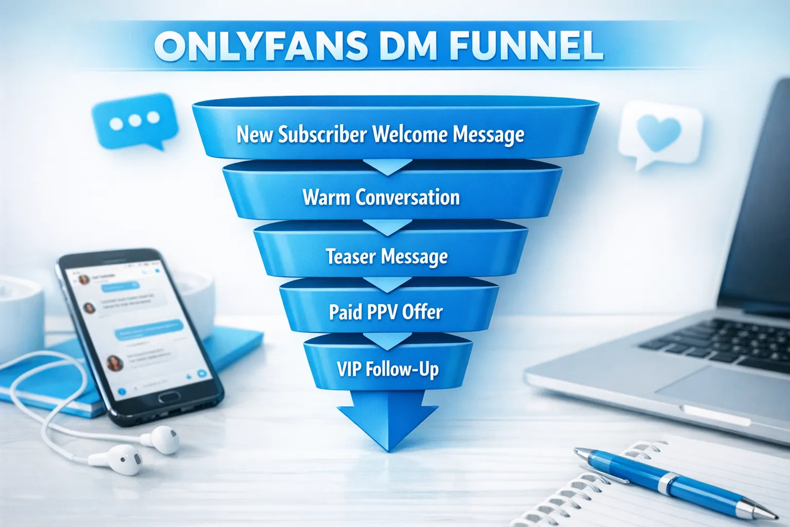 A simple diagram showing an OnlyFans DM funnel: New subscriber welcome message, warm conversation, teaser message, paid PPV offer, and VIP follow-up.