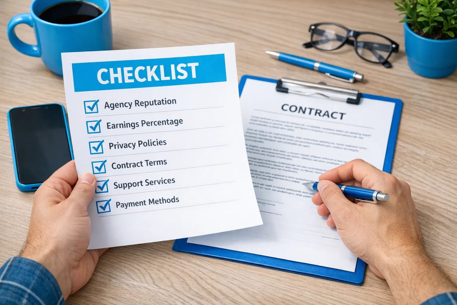 A creator holding a printed checklist while reviewing a contract on a desk with a phone nearby, symbolizing careful vetting of an OnlyFans chatting agency.