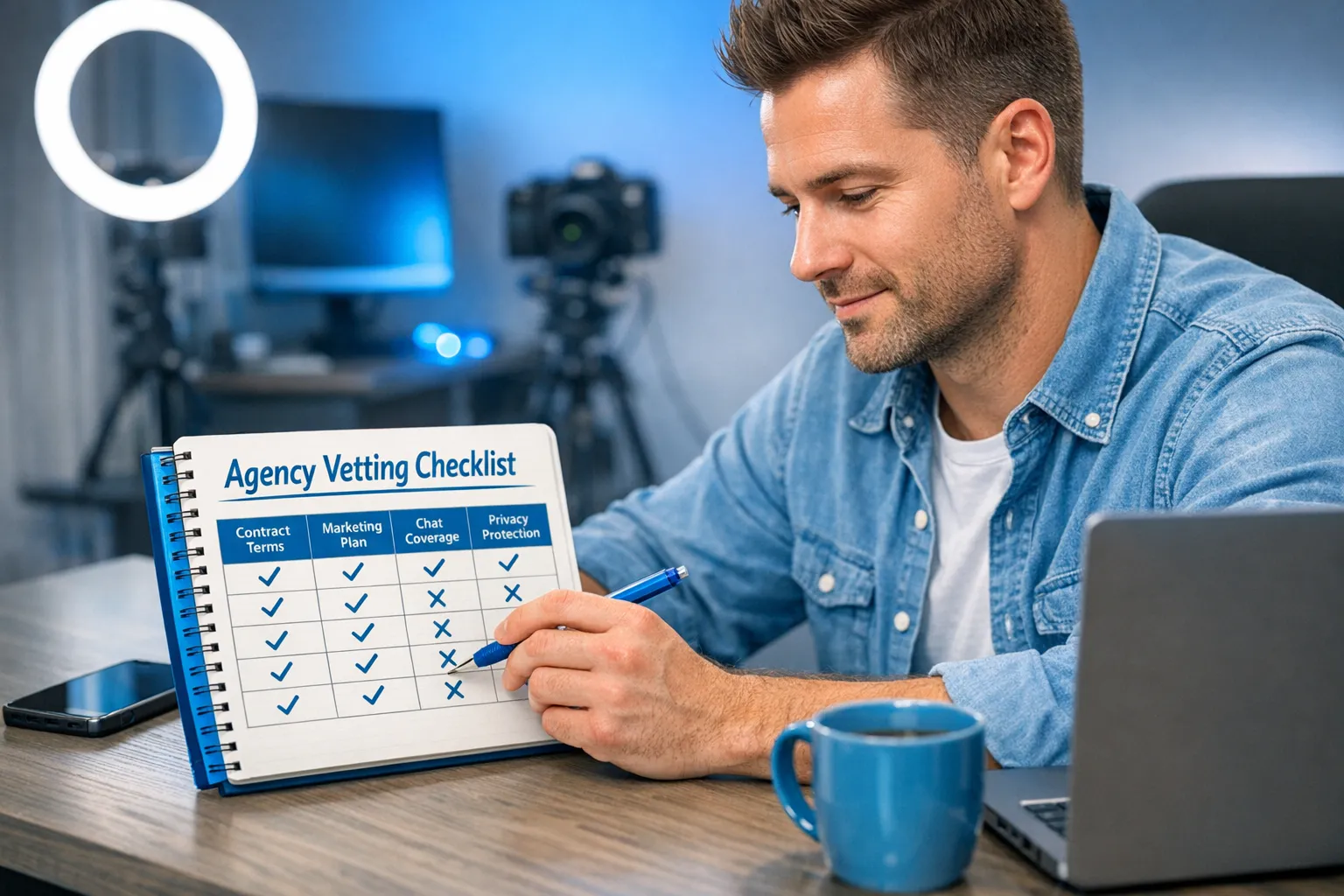 A confident adult content creator at a desk with a notebook titled “Agency Vetting Checklist,” reviewing a simple comparison table with columns for contract terms, marketing plan, chat coverage, and privacy protection. A phone and laptop are on the desk, screens facing away from the viewer.