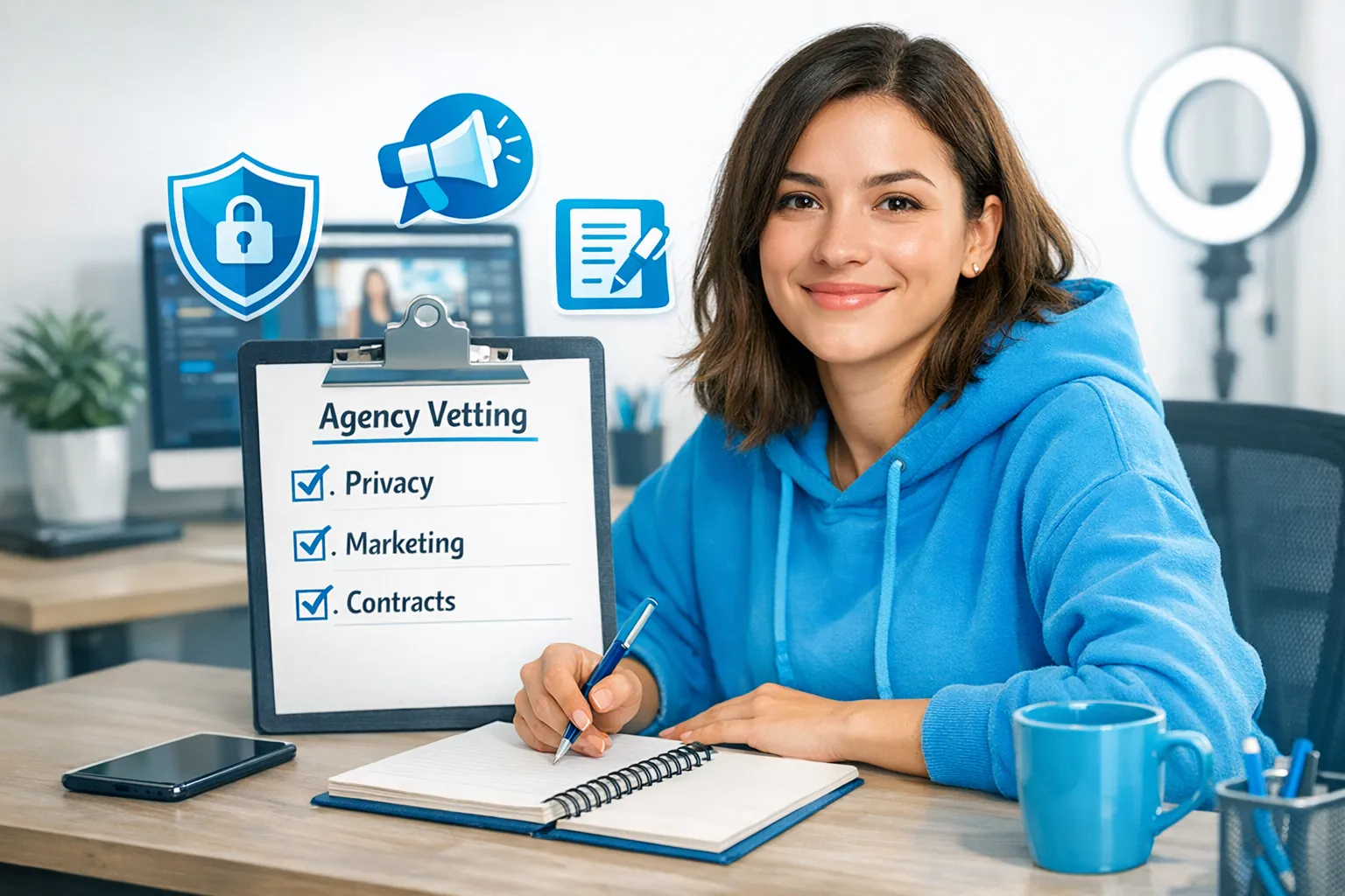 A confident beginner creator at a desk with a notebook, a phone, and a simple checklist labeled “Agency Vetting”, with icons representing privacy, marketing, and contracts around the checklist.