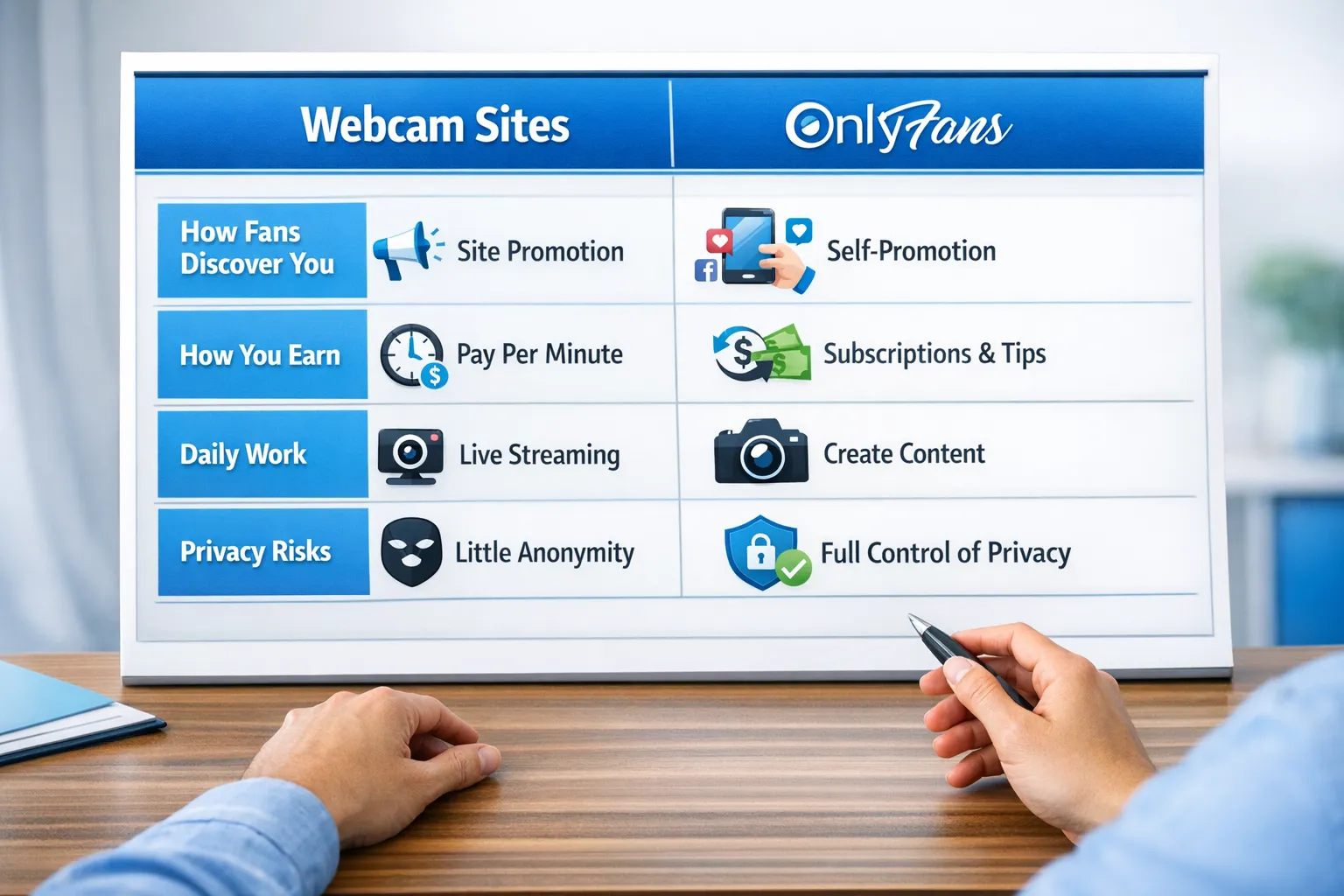 A simple side-by-side illustration comparing “Webcam Sites” and “OnlyFans” across four rows: how fans discover you, how you earn, what your daily work looks like, and privacy risks.