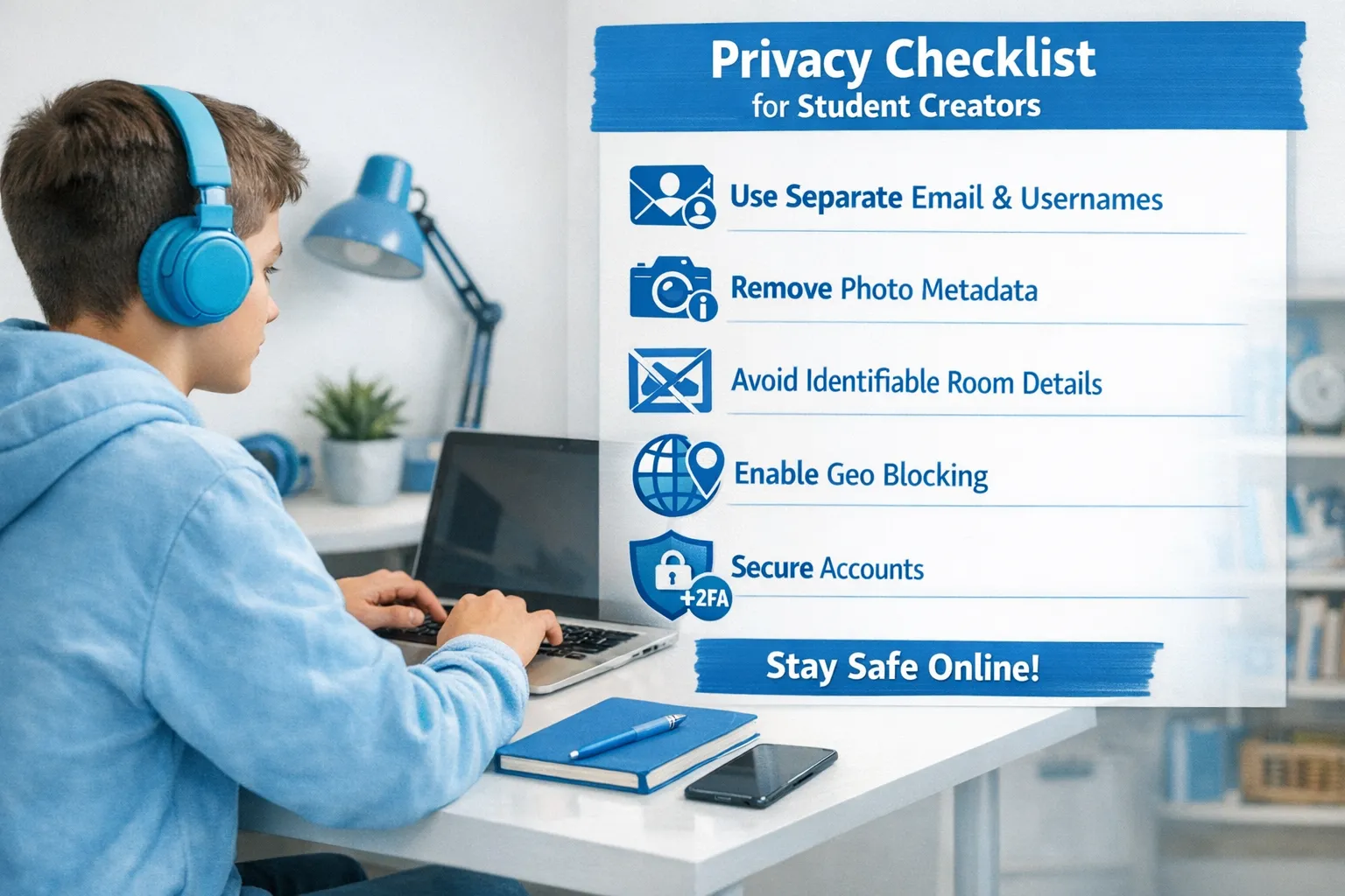A simple privacy checklist concept for student creators: separate email and usernames, remove photo metadata, avoid identifiable room details, enable geo blocking, and secure accounts with strong passwords and two-factor authentication.