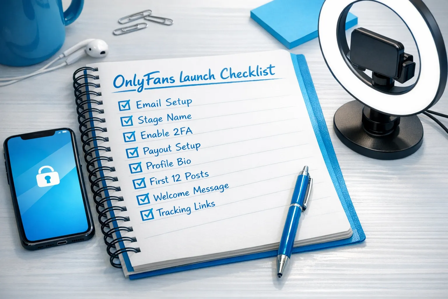 A simple “OnlyFans launch checklist” on a desk: notebook with checkboxes for email, stage name, 2FA, payout setup, profile bio, first 12 posts, welcome message, and tracking links. A phone and a ring light are nearby.