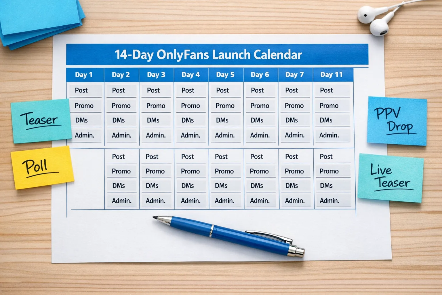 A 14-day OnlyFans launch calendar with simple daily blocks for “Post,” “Promo,” “DMs,” and “Admin.” The calendar is on paper with a pen and sticky notes showing content themes like teaser, poll, PPV drop, and live teaser.