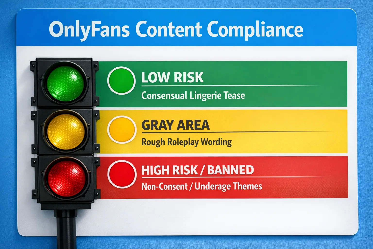A simple “risk traffic light” chart for OnlyFans content compliance: green (low risk), yellow (gray area), red (high risk/banned), with examples like “consensual lingerie tease” in green, “rough roleplay wording” in yellow, and “non-consent/underage themes” in red.