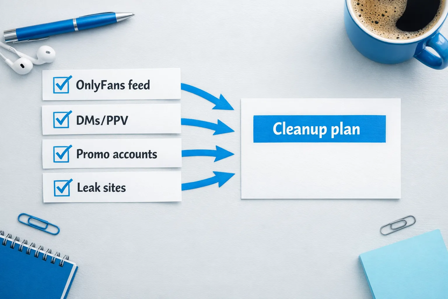 A simple checklist-style illustration showing four boxes labeled “OnlyFans feed,” “DMs/PPV,” “Promo accounts,” and “Leak sites,” with arrows pointing into a box labeled “Cleanup plan.”