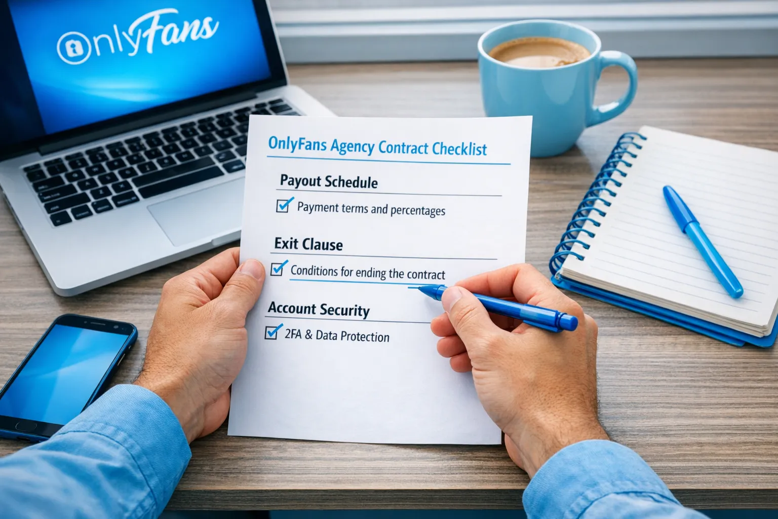 Une créatrice qui examine une checklist de contrat d’agence OnlyFans à un bureau, avec un ordinateur portable, un carnet et un téléphone, en surlignant des clauses clés comme le calendrier de paiement, la clause de sortie et la sécurité du compte.