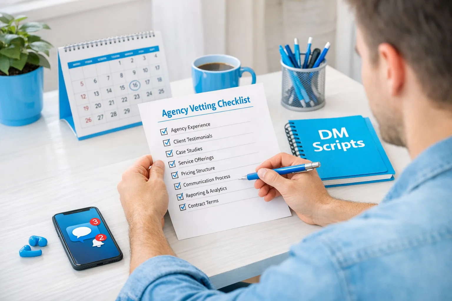 A creator in a bright home office reviewing an agency vetting checklist on paper, with a calendar, a notebook labeled “DM Scripts,” and a smartphone showing notification bubbles face down on the desk.