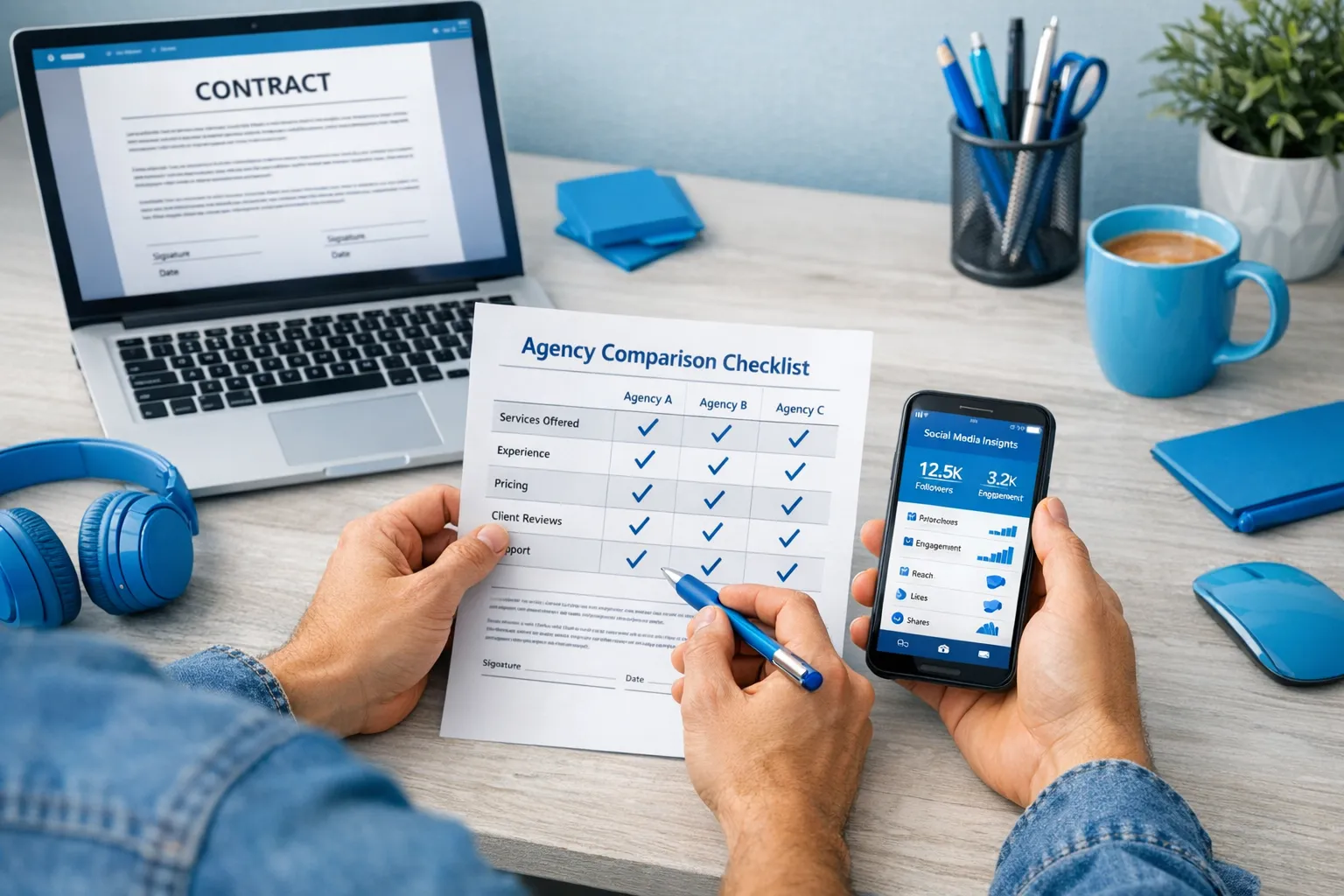 A creator at a desk reviewing an agency comparison checklist on paper, with a laptop open to a contract document and a phone showing social media analytics.