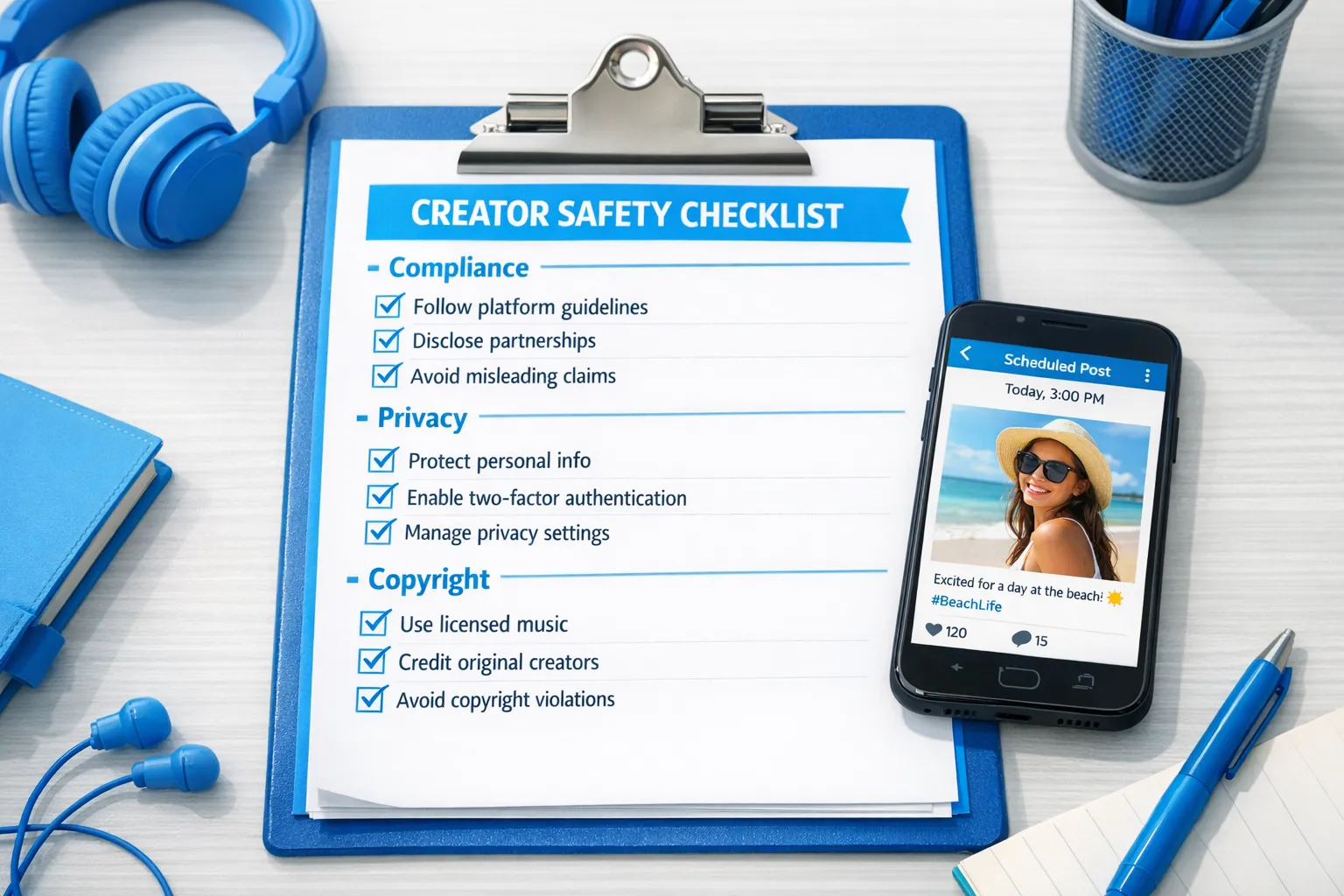 A creator safety checklist on a clipboard with sections for “Compliance,” “Privacy,” and “Copyright,” with checkboxes and a phone showing a scheduled post preview.