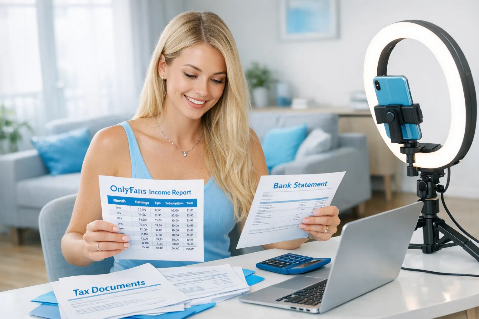 A German OnlyFans creator at home in a bright apartment, reviewing a simple income spreadsheet alongside bank statements and tax documents, with a phone and ring light on the desk.