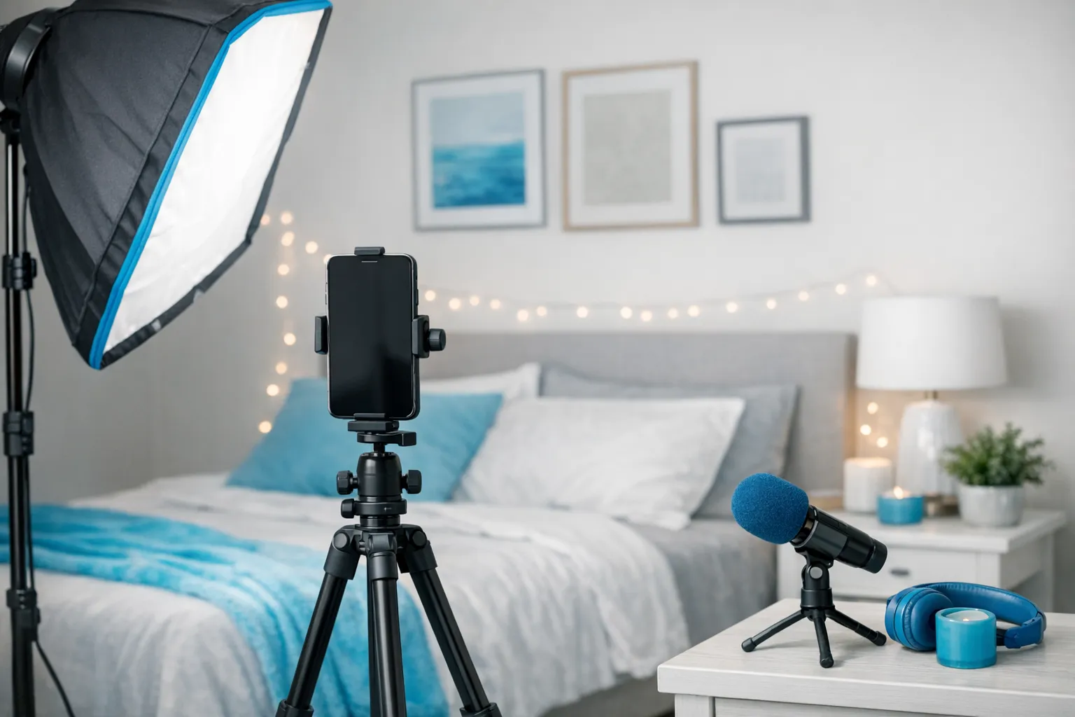 A simple bedroom filming setup for an OnlyFans creator: a smartphone on a tripod, a softbox light angled toward the bed, a small microphone on a nearby table, and a tidy background with neutral decor.