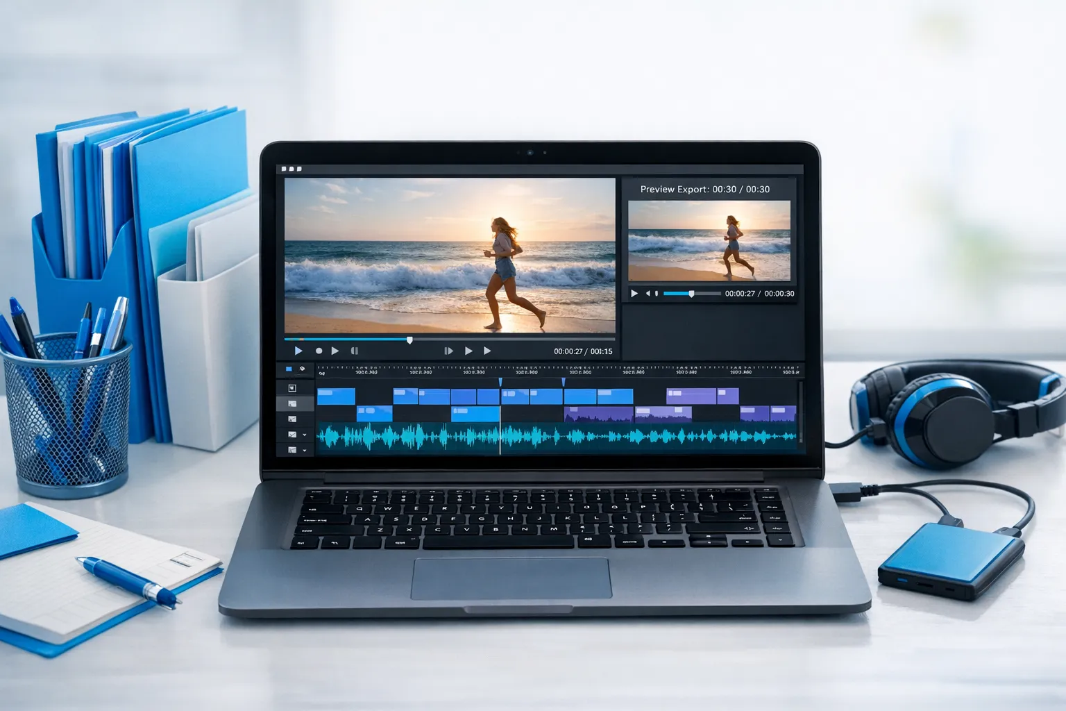 A video editing timeline on a laptop screen showing a short clip, cut points, audio waveform, and a separate short preview export, with the creator’s files organized in folders beside the laptop.