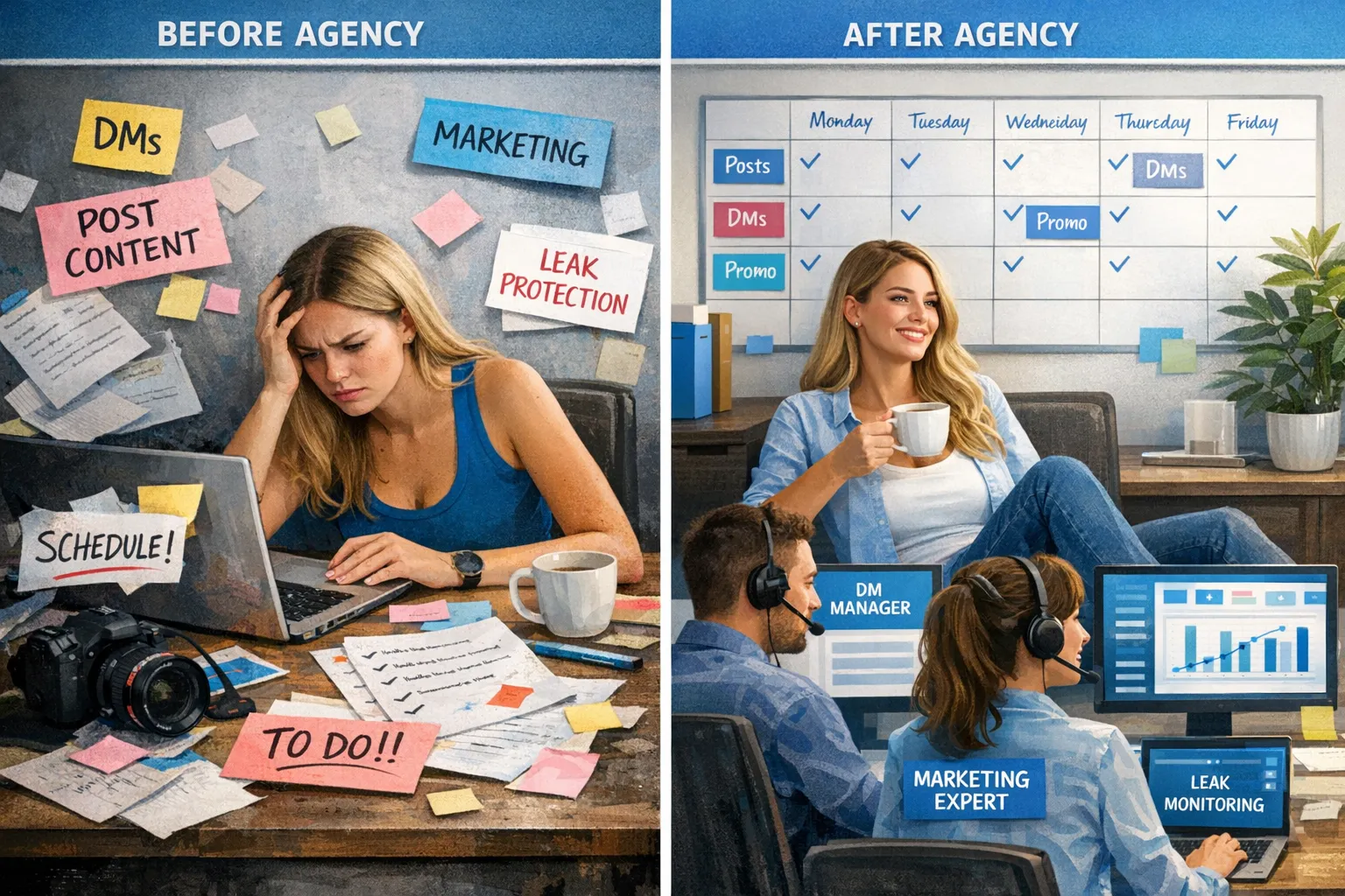 A split-screen style illustration showing an OnlyFans creator’s workflow before and after joining an agency: on the left, a chaotic to-do list with marketing, DMs, posting, and leak protection scattered; on the right, a structured calendar, clear roles, and a dashboard-like view of tasks being handled by a support team.