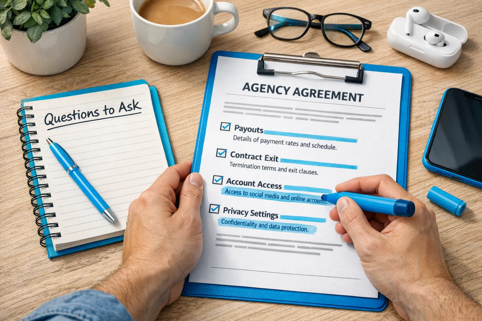 A checklist-style scene showing a creator reviewing an agency agreement with highlighted sections for payouts, contract exit, account access, and privacy settings, alongside a notebook labeled “Questions to Ask.”