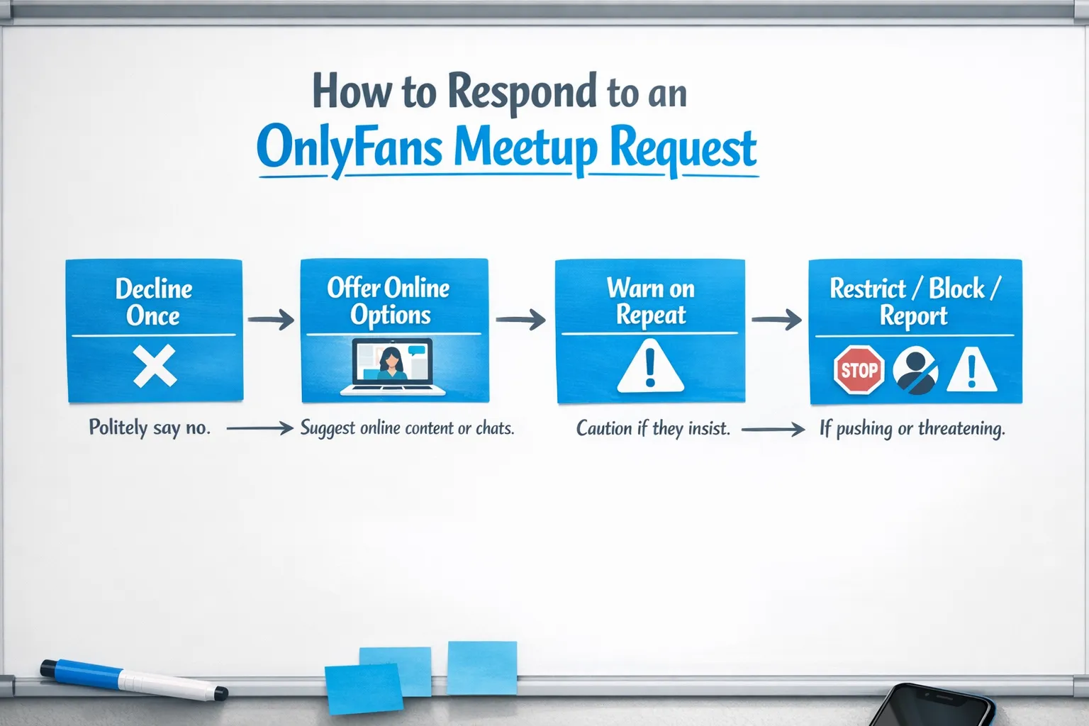 Simple flowchart showing how to respond to an OnlyFans meetup request: decline once, redirect to online offer, warn on repeat, then restrict/block/report if pushy or threatening.